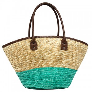 Straw Tote – 12 PCS Woven Wheat 2-tone w/ PU Leather Handles - Turquoise - BG-R11050TQ